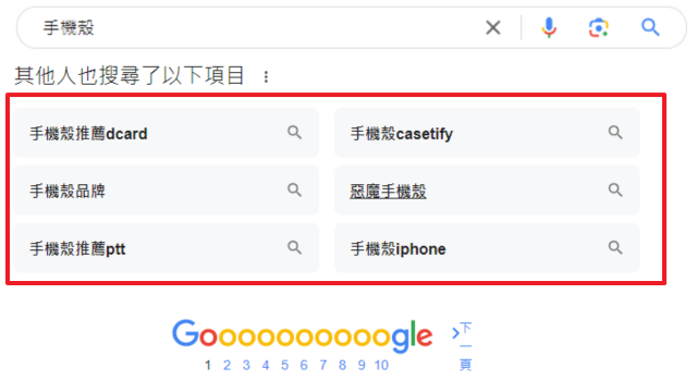 於 SERP 畫面中，顯示的長尾關鍵字範例