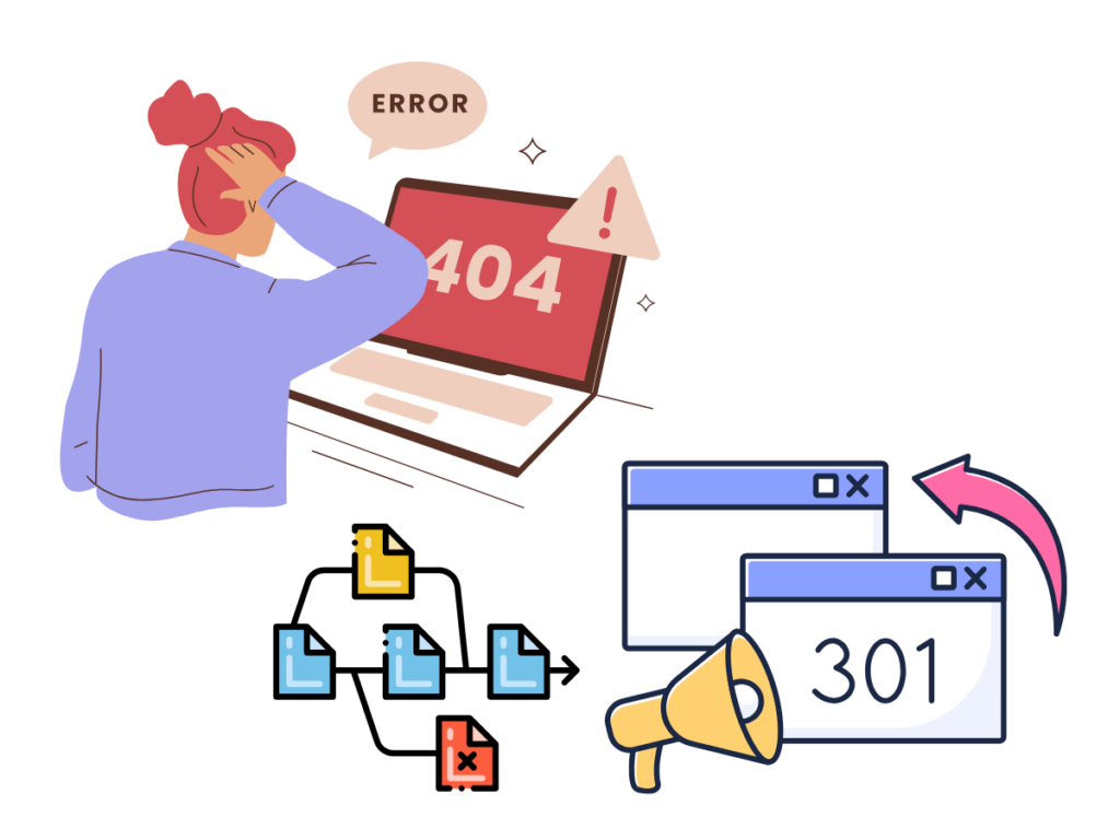定期檢查並修復404頁面，設計友善的自訂404頁面引導用戶回主要內容，並確保301重定向設定正確，一定要修復或301轉向失效頁面，避免權重流失。
