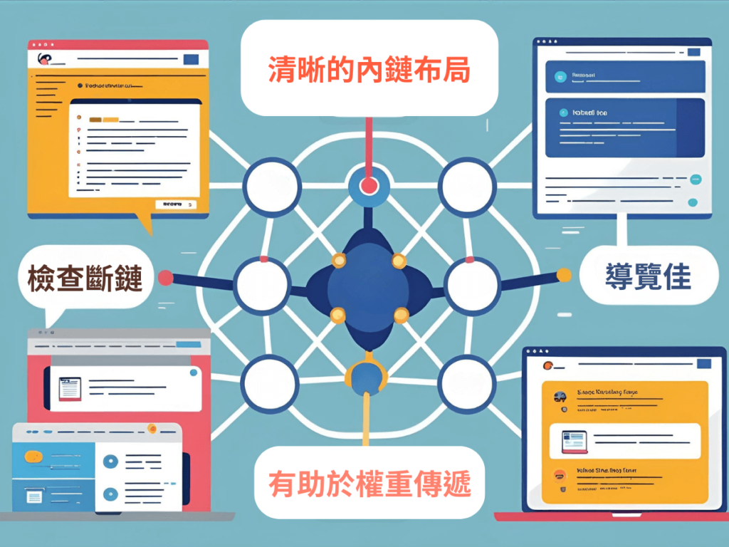 建議建立清晰的內鏈策略，串聯相關內容，因為合理的內部連結有助於權重傳遞與用戶導覽（如從首頁到分類頁再到內容頁），並定期檢查斷鏈。
