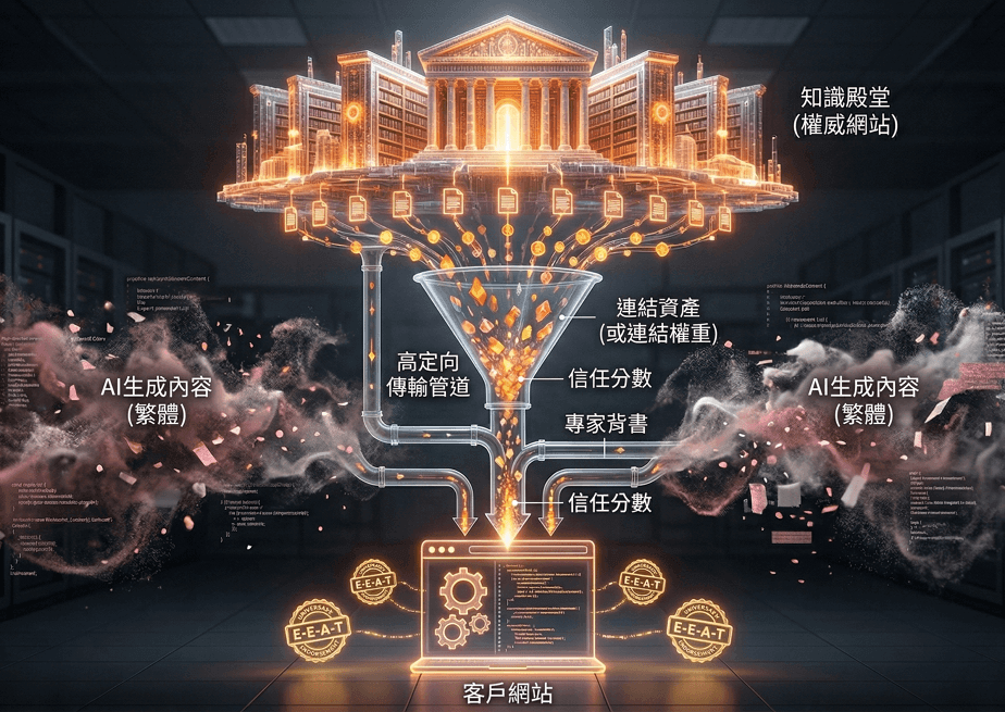 在生成式 AI 內容氾濫的時代，搜尋引擎（如 Google、Bing）為了在海量資訊中篩選出真正可靠的內容，反而更加依賴「反向連結」作為判斷 E-E-A-T（經驗、專業、權威、可信度）的重要依據。