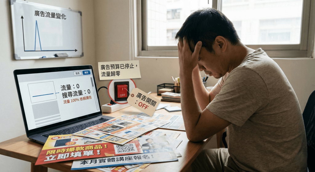 一頁式網站因無法滿足深度搜尋意圖，平均跳出率高達 70% 甚至 90%，有機流量僅有多頁式網站的 15%，轉換率更是低了 20%。長期下來，廣告成本會隨市場競爭通膨，導致獲客成本居高不下。