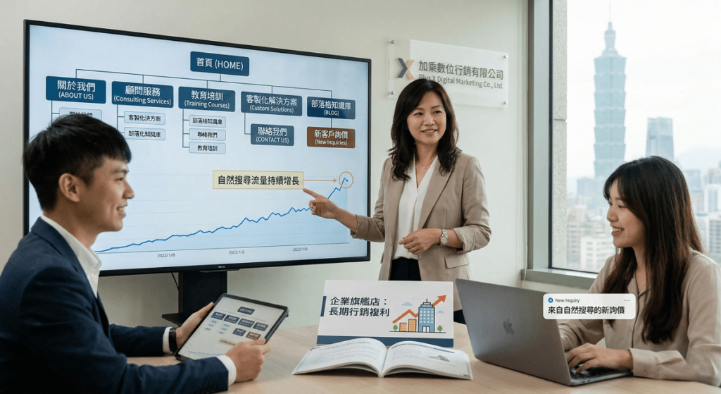 實測數據指出，多頁式網站能讓整體的轉換率提升 25% 至 40%。一旦跨過前期的 SEO 死亡谷（約 3-6 個月），網站將產生強大的自然流量複利效應，後期的獲客邊際成本將會大幅遞減。