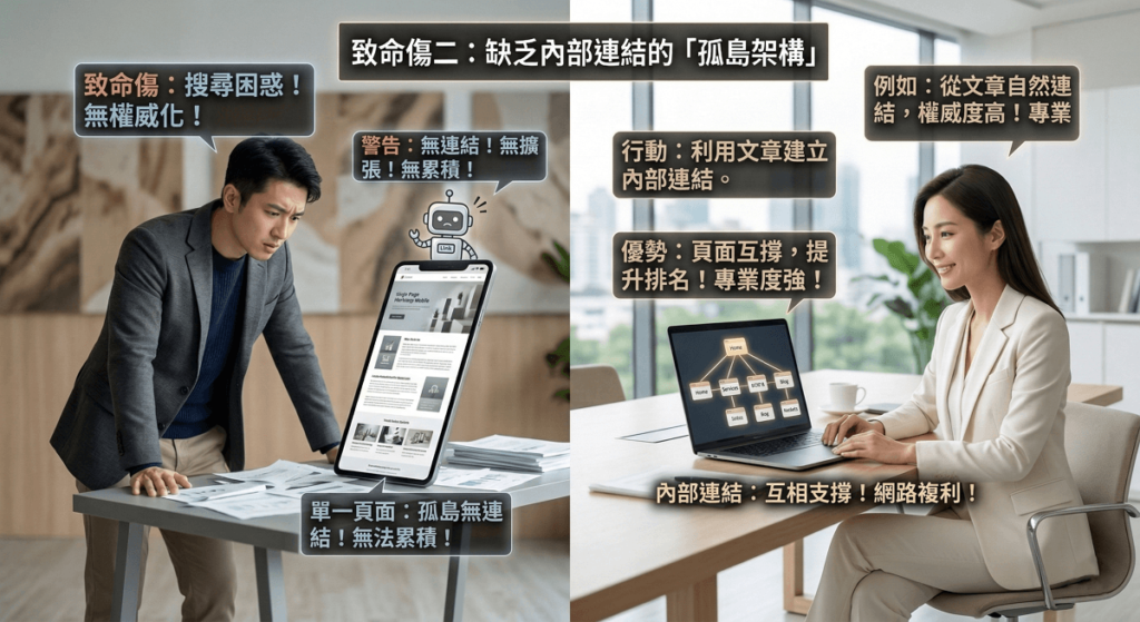 搜尋引擎評估一個網站權威度與專業度的重要指標之一，在於網站內部頁面之間是否能互相支撐（Internal Links）。