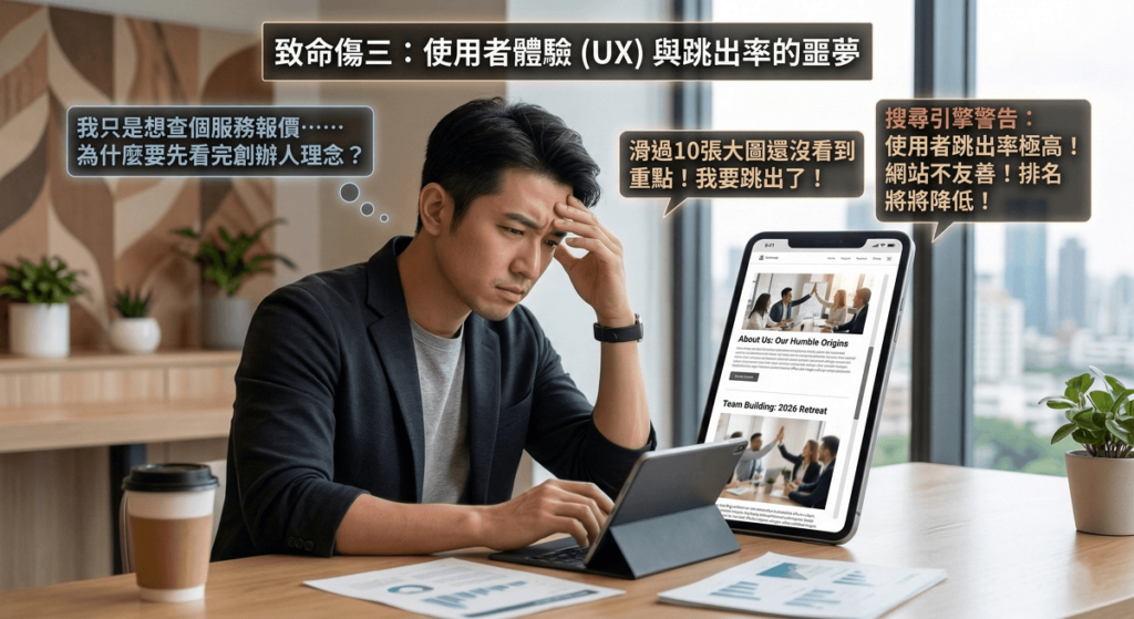 對於自然搜尋流量來說，極高的跳出率（Bounce Rate）直接向搜尋引擎傳遞「此網站對使用者不友善」的負面訊號，進而大幅降低排名。