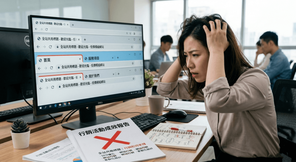 許多劣質的低價模組網站，全站只能共用同一組標題。這意味著無論使用者點擊哪個頁面，搜尋引擎看到的標題都一樣，這對行銷而言形同半殘，完全無法進行後續的關鍵字佈局。