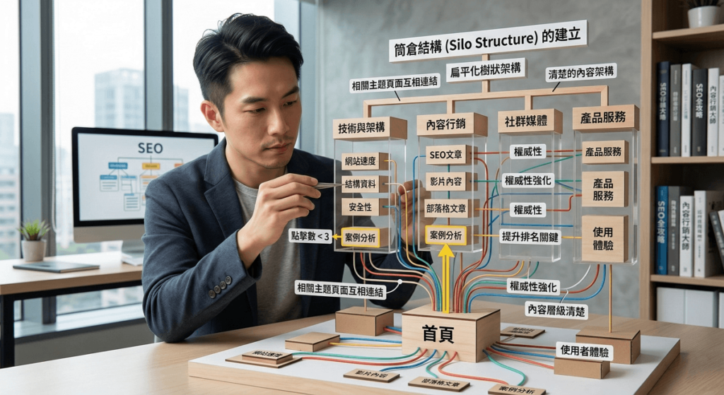 Silo Structure（主題筒倉結構）。這種架構會將網站內容依照主題分類，形成清楚的內容層級，同時，網站應該採用 扁平化樹狀架構（Flat Site Architecture），從首頁點擊到任何一個頁面，最好都能在最少的點擊次數內到達，通常不超過3次點擊即可到達。