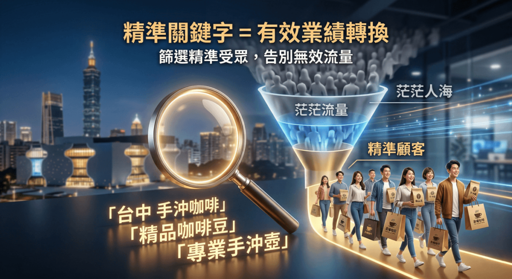 「精準的關鍵字 = 有效的業績轉換」，而非盲目追求無效流量。