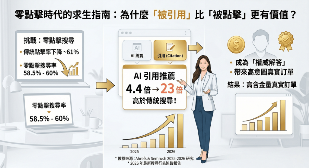 透過 AI 搜尋引擎（如 ChatGPT、Perplexity）引用推薦而點進網站的訪客，其轉換率是傳統自然搜尋訪客的 4.4 倍到 23 倍！