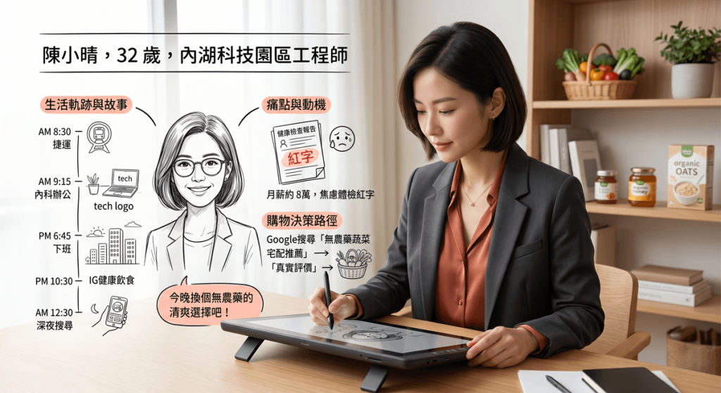 在收集完資料後，我們要把冷冰冰的數據，變成一個有血有肉的「人」，這在行銷學上稱為 「受眾輪廓（Persona）」。