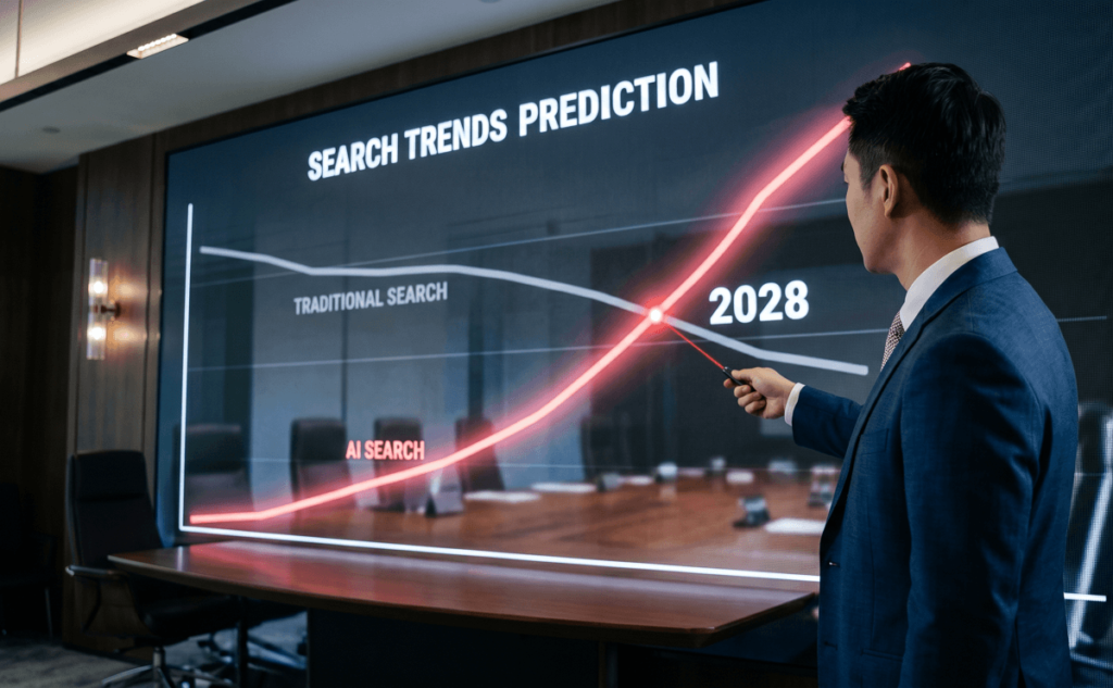 生成式 AI 的搜尋訪客量將在 2028 年前後正式超越傳統搜尋。這並不代表 Google 會消失，而是 AI 介面將成為多數消費者的「第一道搜尋入口」。