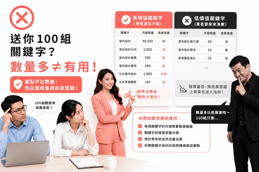 送你100組關鍵字，很多時候都是低價值關鍵字，業者很愛拿來湊數，重點不在於數量，而是搜尋量與商業意圖
