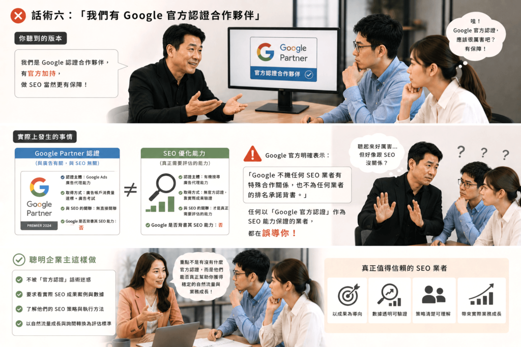 「Google 合作夥伴」（Google Partner）是 Google 提供給廣告代理商的一種認證，主要針對的是 Google Ads 廣告投放能力，與 SEO 優化能力完全無關。