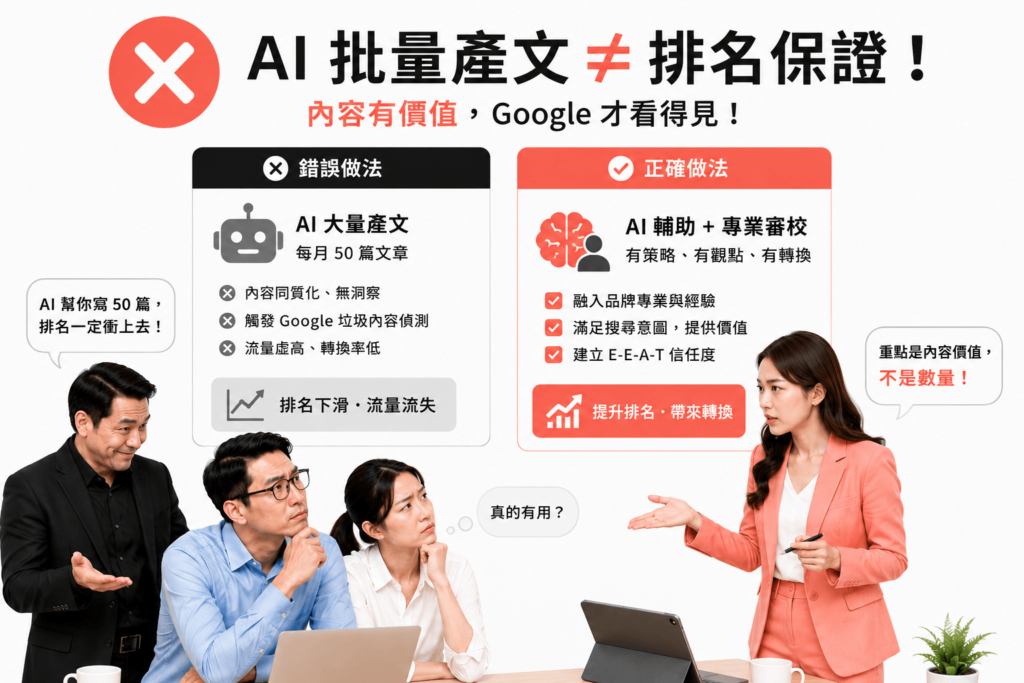 AI批量產文並不代表排名保證，因為內容有價值，Google才能看的見，重點是內容價值，而不是文章數量