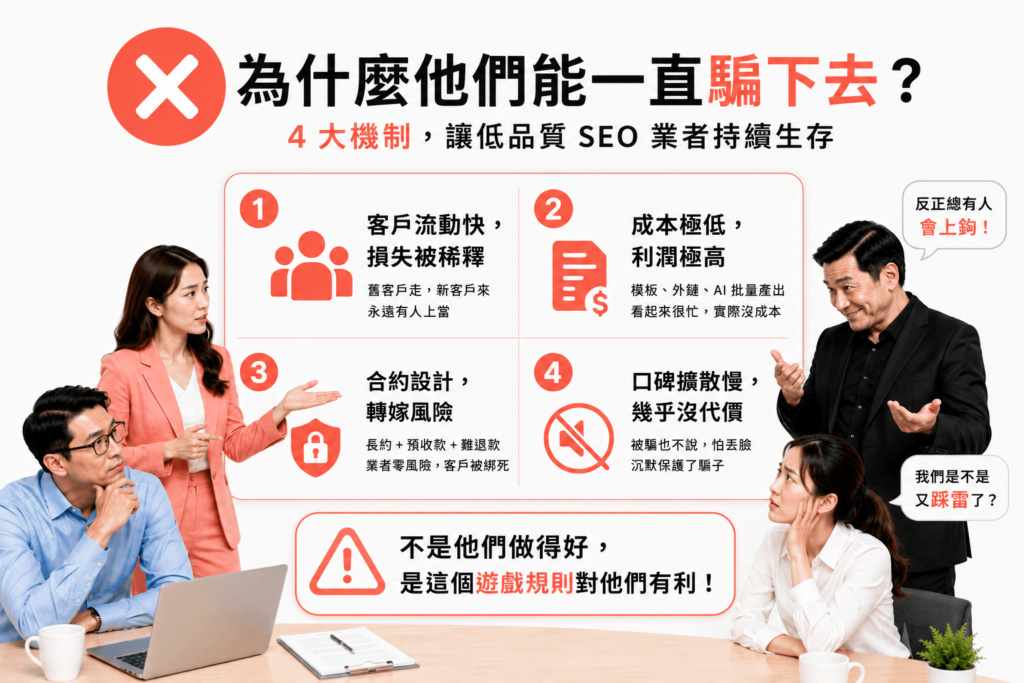 目前市場上有四大機制，讓低品質的SEO業者得以持續生存，其實不是他們做得好，是這個遊戲規則對他們有利