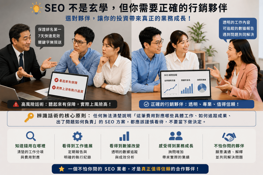 SEO 是一門有邏輯可循的學科，但它也是一門需要時間、需要持續投入、需要深度業務理解才能做好的工作。它不是魔法，也不是靠「送關鍵字」或「保證排名」就能實現的事。
