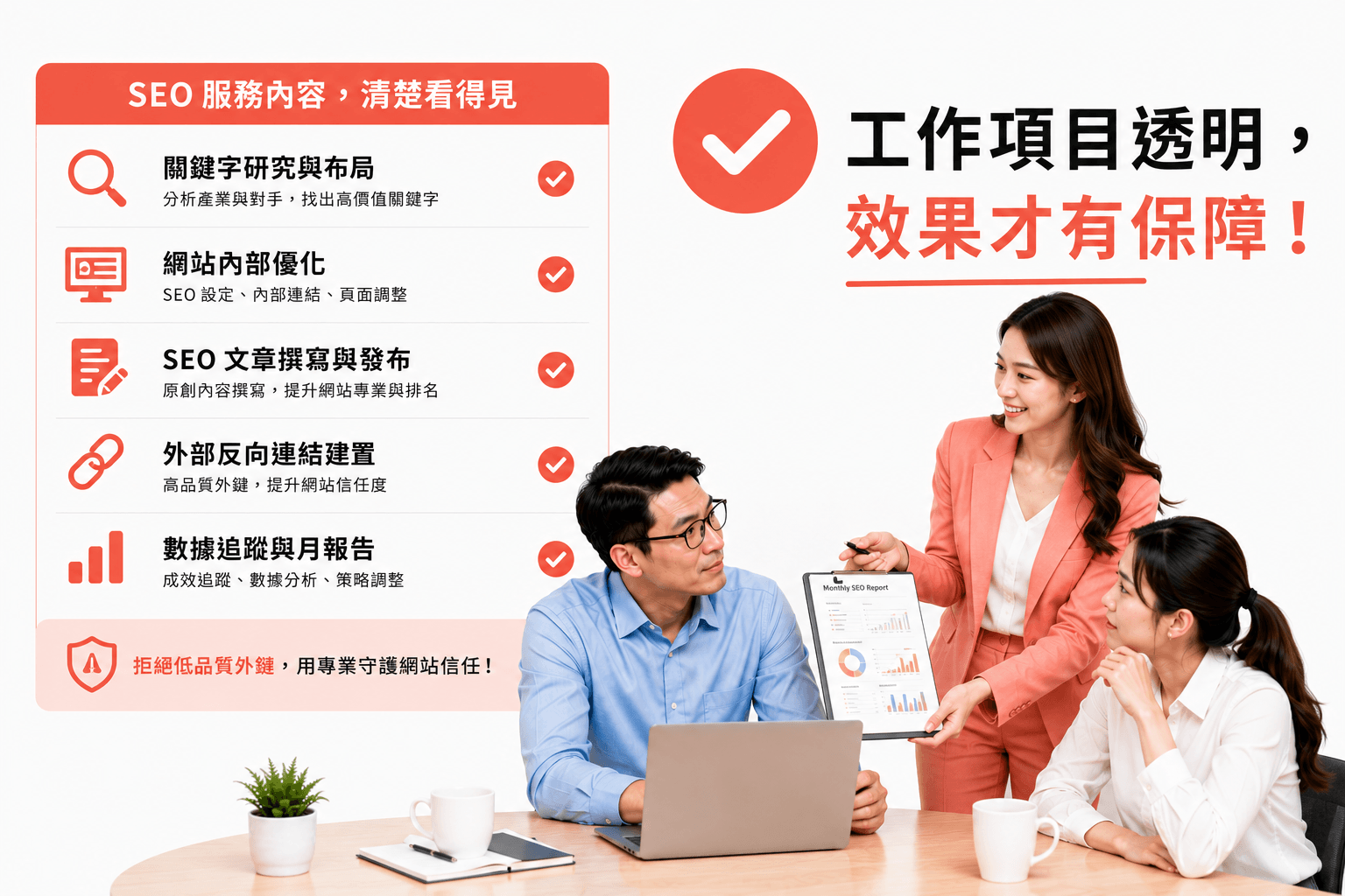 工作項目透明，效果才有保障，拒絕低品質外鏈，用專業技術守護網站信任