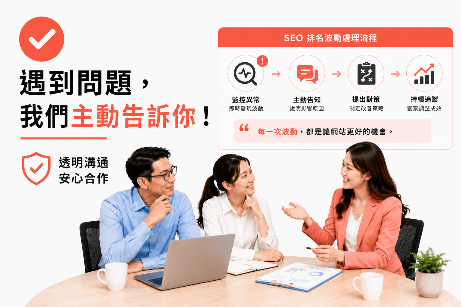 遇到問題，我們會主動告訴你，SEO排名的每一次的波動，都是讓網站有更好的機會