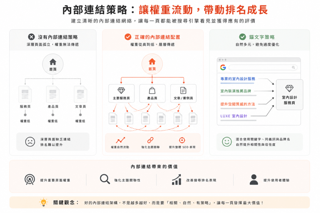 內部連結的架構策略，傳遞權重，帶動頁面排名。