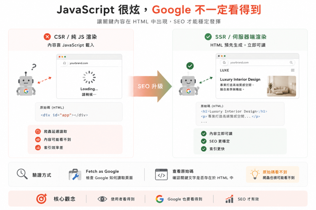 JavaScript 渲染的內容，對 Google 爬蟲來說是需要額外處理步驟的，在某些情況下爬蟲可能無法正確讀取，或者讀取的時間延遲到足以影響索引效率。