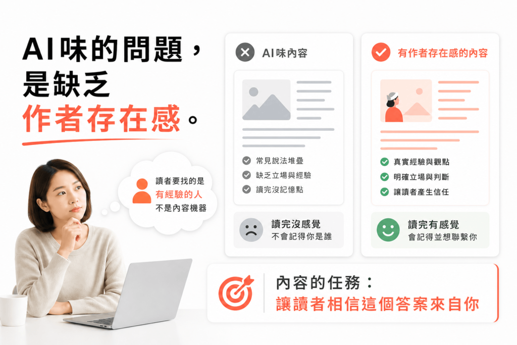 內容的任務不只是回答問題，還要讓讀者相信這個答案來自一個有經驗、有能力、值得被納入評估名單的品牌。