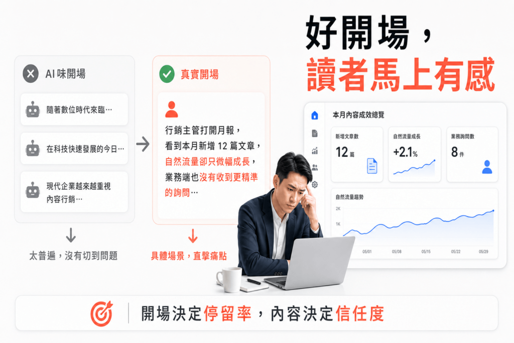 比較好的開場，通常會從一個真實商業場景切入。