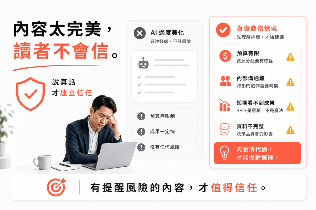 語氣永遠安全，沒有指出風險與代價。
