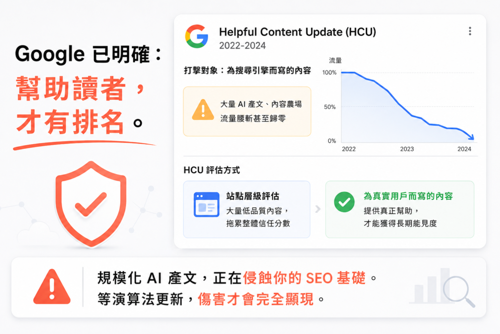 Google目標明確，主要降低「為搜尋引擎而寫」的內容排名，提升「為真實用戶而寫」的內容能見度