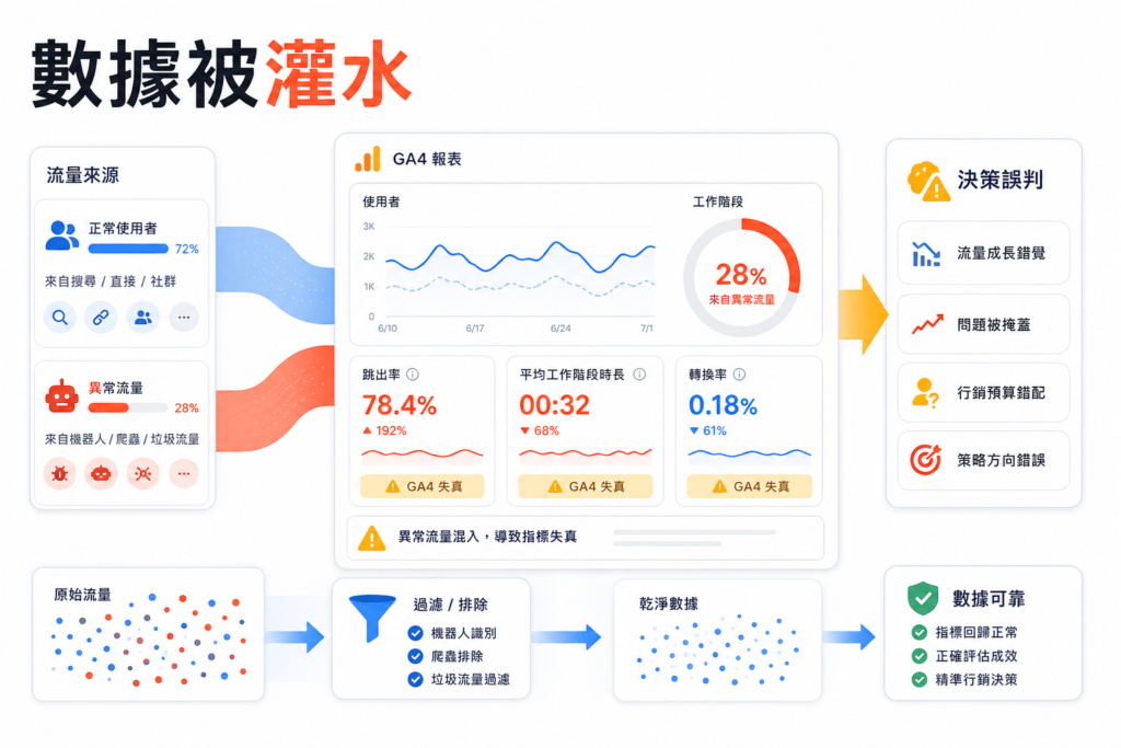異常流量會污染你的 GA4 數據，讓跳出率、停留時間這些判斷依據全部失真