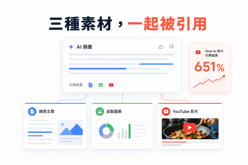 AI 摘要引用來源示意：同一個問題下，網頁文章、自製圖表與 YouTube 影片同時被引用展示，標出 How-to 影片引用成長 651% 的關鍵數據