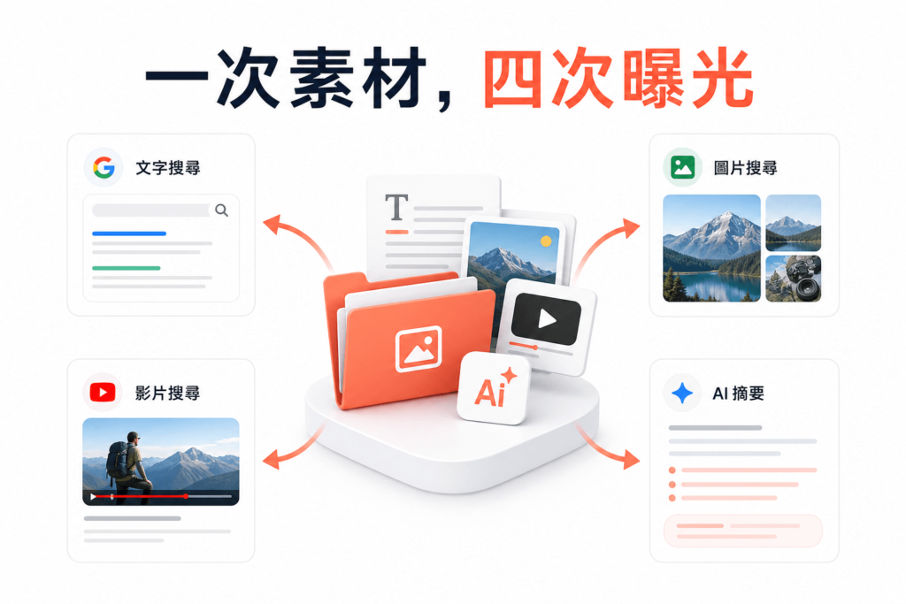 一組素材拆解到文字搜尋、圖片搜尋、影片搜尋、AI 摘要四個戰場的內容複用流程圖