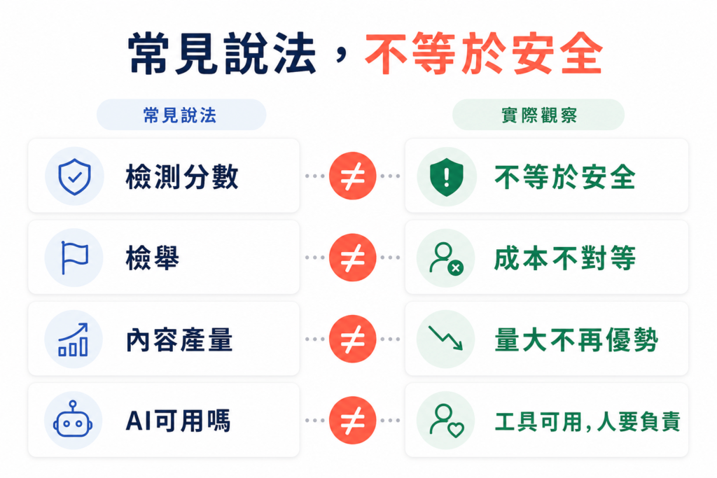 四種常見說法與實戰觀察對照：檢測分數不等於安全、檢舉成本不對等、量大不再是優勢