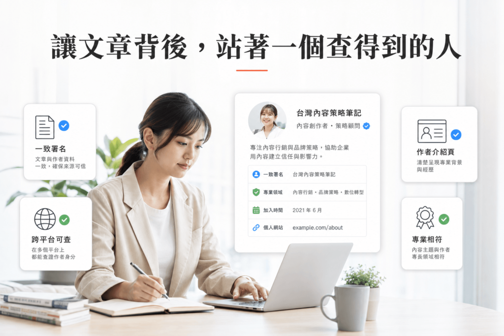 作者實體化四要素：一致署名、作者介紹頁、跨平台可查證、內容與專業相符