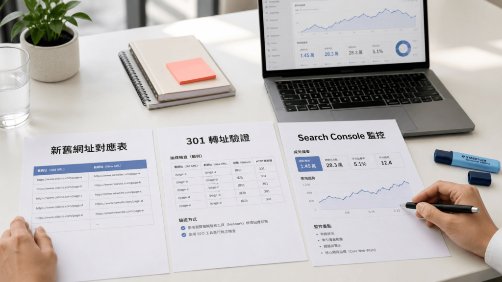 網站改版 SEO 驗收文件的寫實場景，桌面上清楚看到「新舊網址對應表」「301 轉址驗證」「Search Console 監控」三份文件，旁邊有筆電與標記筆