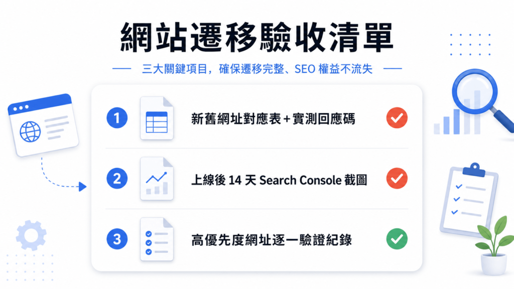 企業主改版驗收時應向廠商索取的三份文件清單：一、新舊網址對應表且填有實測回應碼；二、上線後 14 天的 Search Console 索引涵蓋範圍截圖；三、高優先度網址的逐一驗證紀錄。
